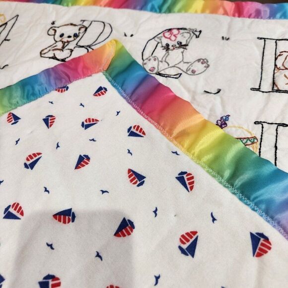 Vintage 80s Precious Moments Alphabet Blanket Rainbow Embroidered Crib Throw - Picture 6 of 7